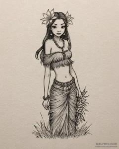 Tattoo sketch, lilo in grass skirt with tropi... - эскиз тату (№1753146532_0, 22.07.2025 01:08) — Tatufoto.com