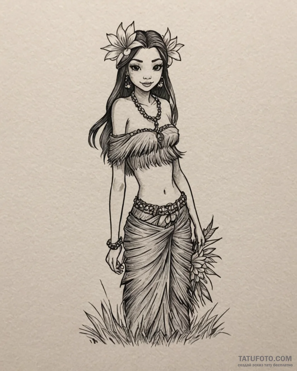 Tattoo sketch, lilo in grass skirt with tropi... - эскиз тату (№1753146532_0, 22.07.2025 01:08) — Tatufoto.com