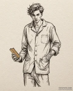 Tattoo sketch, boy in pajamas holding golden... - эскиз тату (№1753148577_0, 22.07.2025 01:42) — Tatufoto.com