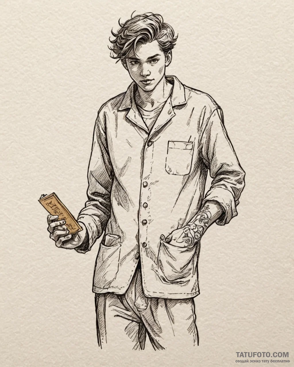 Tattoo sketch, boy in pajamas holding golden... - эскиз тату (№1753148577_0, 22.07.2025 01:42) — Tatufoto.com