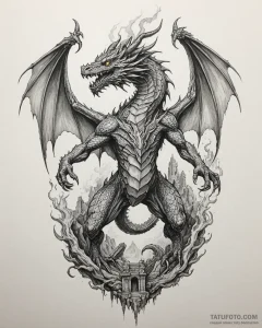 Tattoo sketch, dragon with fiery breath curli... - эскиз тату (№1753149003_0, 22.07.2025 01:50) — Tatufoto.com