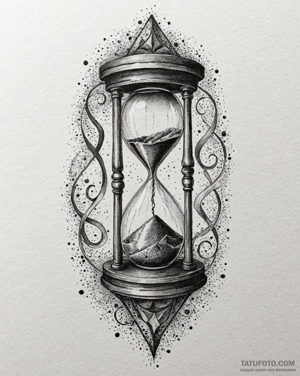 Tattoo sketch, hourglass with swirling sands... - эскиз тату (№1753149087_0, 22.07.2025 01:51) — Tatufoto.com