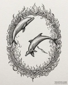 Tat tattoo sketch, dolphins jumping through f... - эскиз тату (№1753149431_0, 22.07.2025 01:57) — Tatufoto.com
