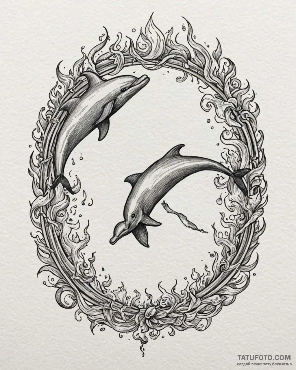 Tat tattoo sketch, dolphins jumping through f... - эскиз тату (№1753149431_0, 22.07.2025 01:57) — Tatufoto.com