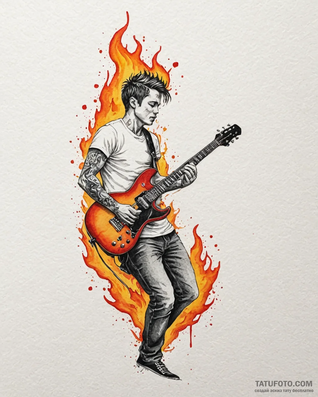 Tat tattoo sketch, rocker with flaming guitar... - эскиз тату (№1753150372_0, 22.07.2025 02:12) — Tatufoto.com