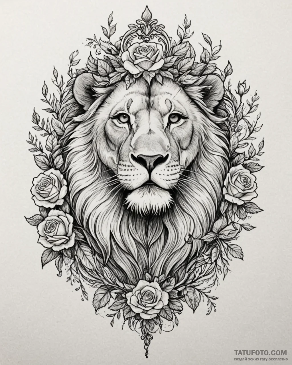 Tattoo sketch, lion crowned with vines and bl... - эскиз тату (№1753150543_0, 22.07.2025 02:15) — Tatufoto.com