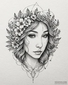 Tattoo sketch, spirit head with floral wreath... - эскиз тату (№1753150966_0, 22.07.2025 02:22) — Tatufoto.com