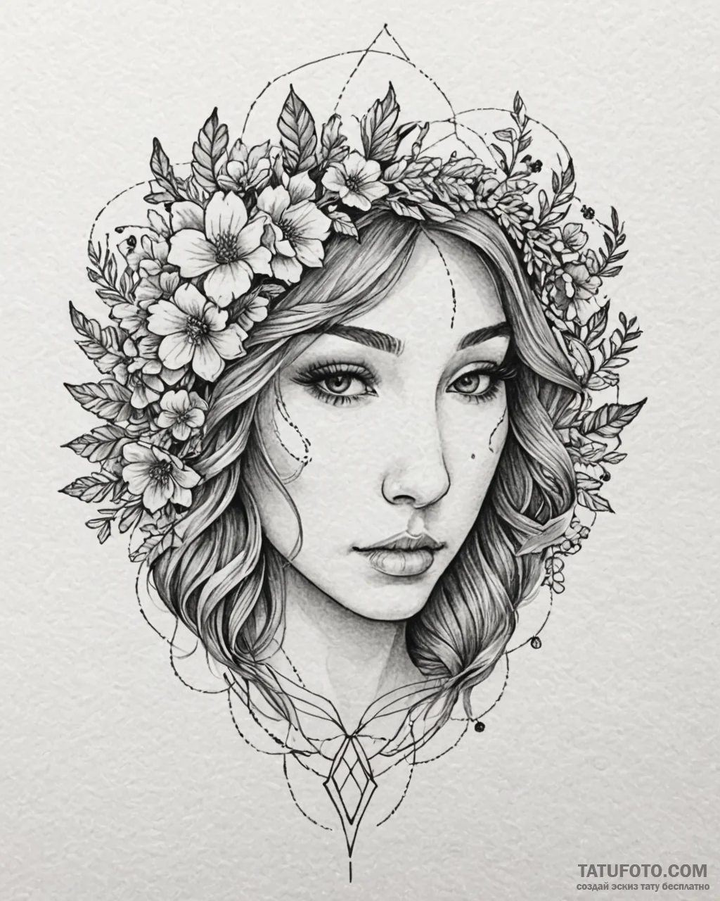 Tattoo sketch, spirit head with floral wreath... - эскиз тату (№1753150966_0, 22.07.2025 02:22) — Tatufoto.com