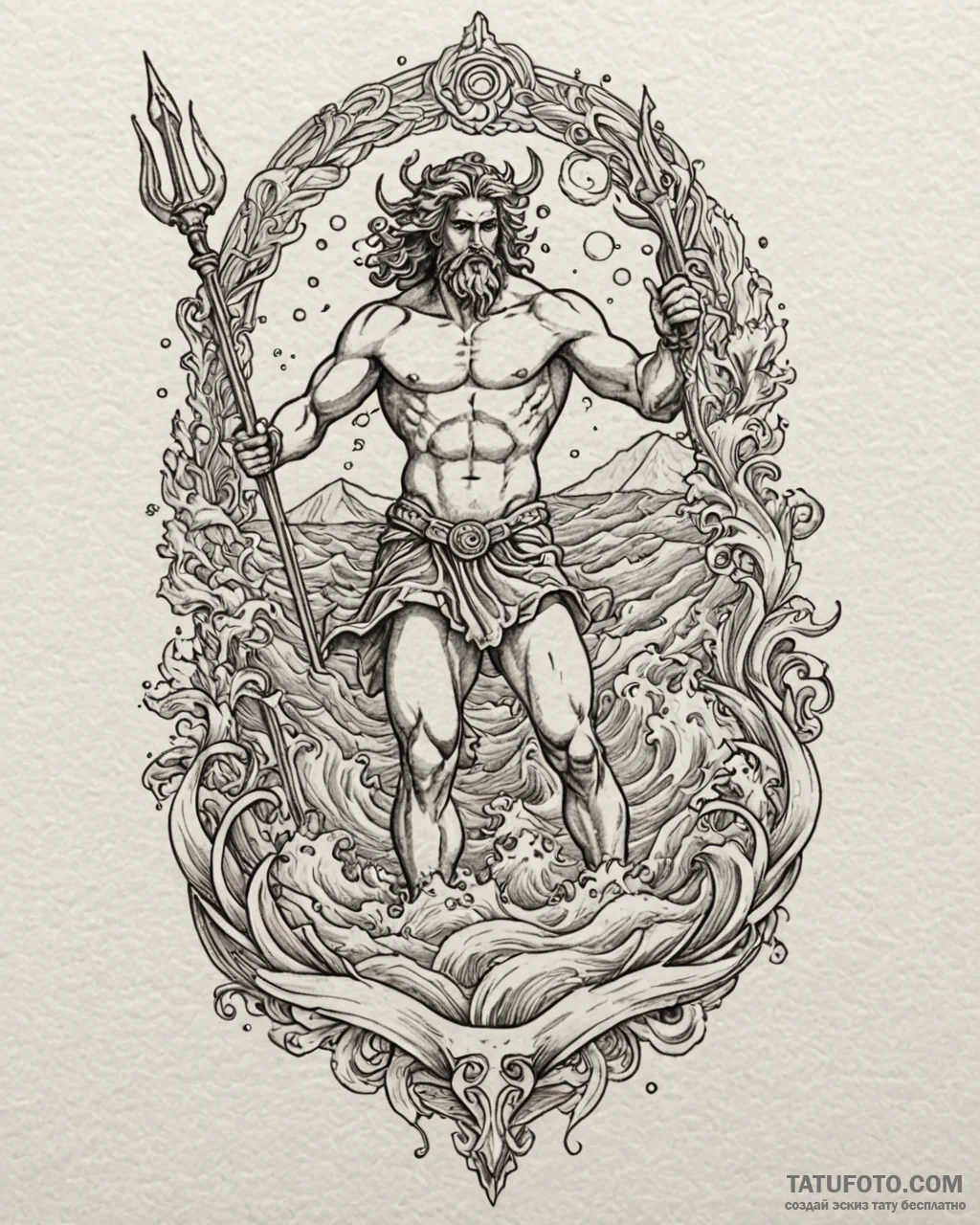 Tattoo sketch, poseidon rising from ocean wav... - эскиз тату (№1753151476_0, 22.07.2025 02:31) — Tatufoto.com