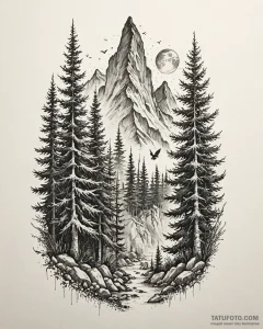 Tat tattoo sketch, dense forest with towering... - эскиз тату (№1753151730_0, 22.07.2025 02:35) — Tatufoto.com