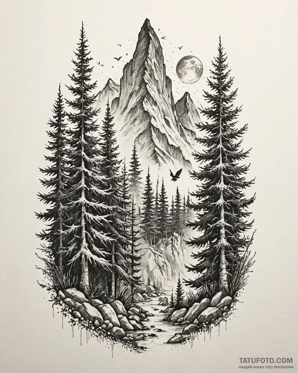 Tat tattoo sketch, dense forest with towering... - эскиз тату (№1753151730_0, 22.07.2025 02:35) — Tatufoto.com