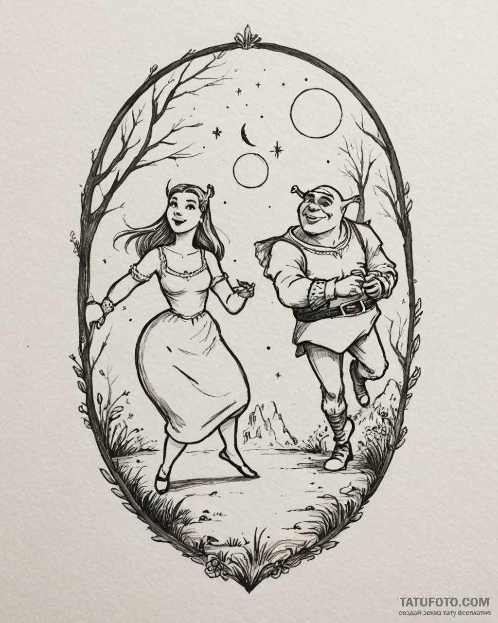 Eskiz.to, tattoo sketch, shrek and fiona danc... - эскиз тату (№1753152405_0, 22.07.2025 02:46) — Tatufoto.com