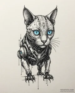 Tat tattoo sketch, cyborg cat with neon blue... - эскиз тату (№1753153593_0, 22.07.2025 03:06) — Tatufoto.com