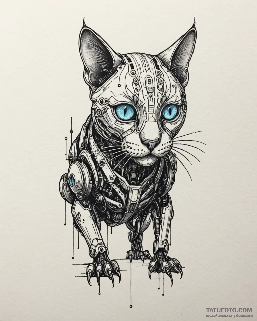 Tat tattoo sketch, cyborg cat with neon blue... - эскиз тату (№1753153593_0, 22.07.2025 03:06) — Tatufoto.com