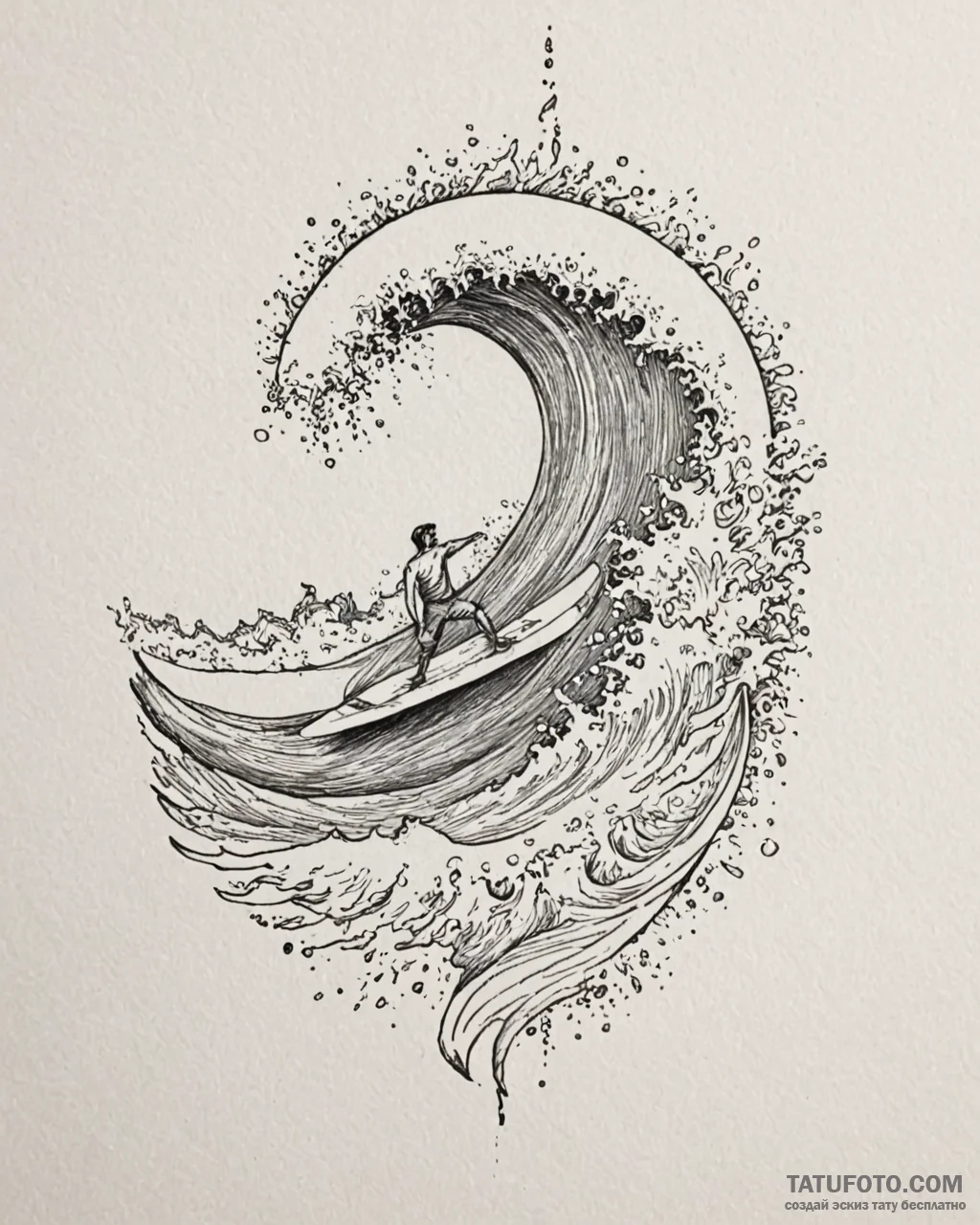 Tat tattoo sketch, surfer riding towering wav... - эскиз тату (№1753183477_0, 22.07.2025 11:24) — Tatufoto.com