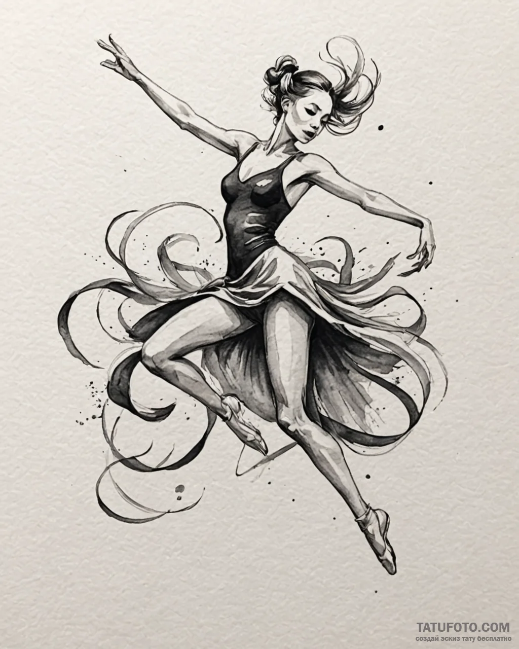 Tattoo sketch, graceful dancer mid-leap with... - эскиз тату (№1753183648_0, 22.07.2025 11:27) — Tatufoto.com