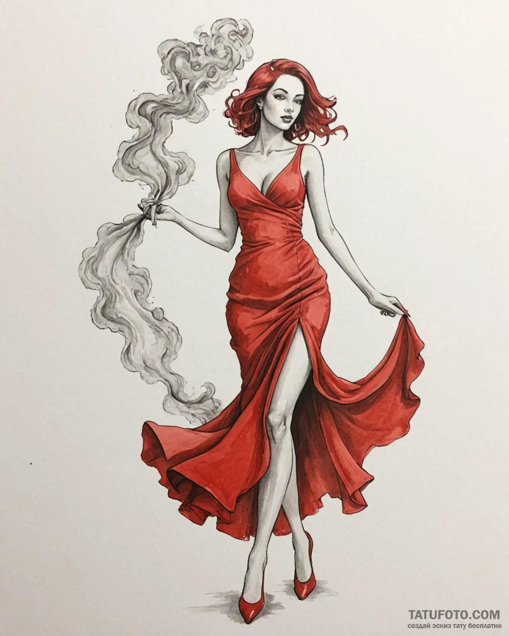 Tattoo sketch, paprika’s red dress flowing wi... - эскиз тату (№1753183989_0, 22.07.2025 11:33) — Tatufoto.com