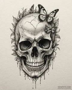 Tattoo sketch, skull with butterfly emerging... - эскиз тату (№1753184329_0, 22.07.2025 11:38) — Tatufoto.com