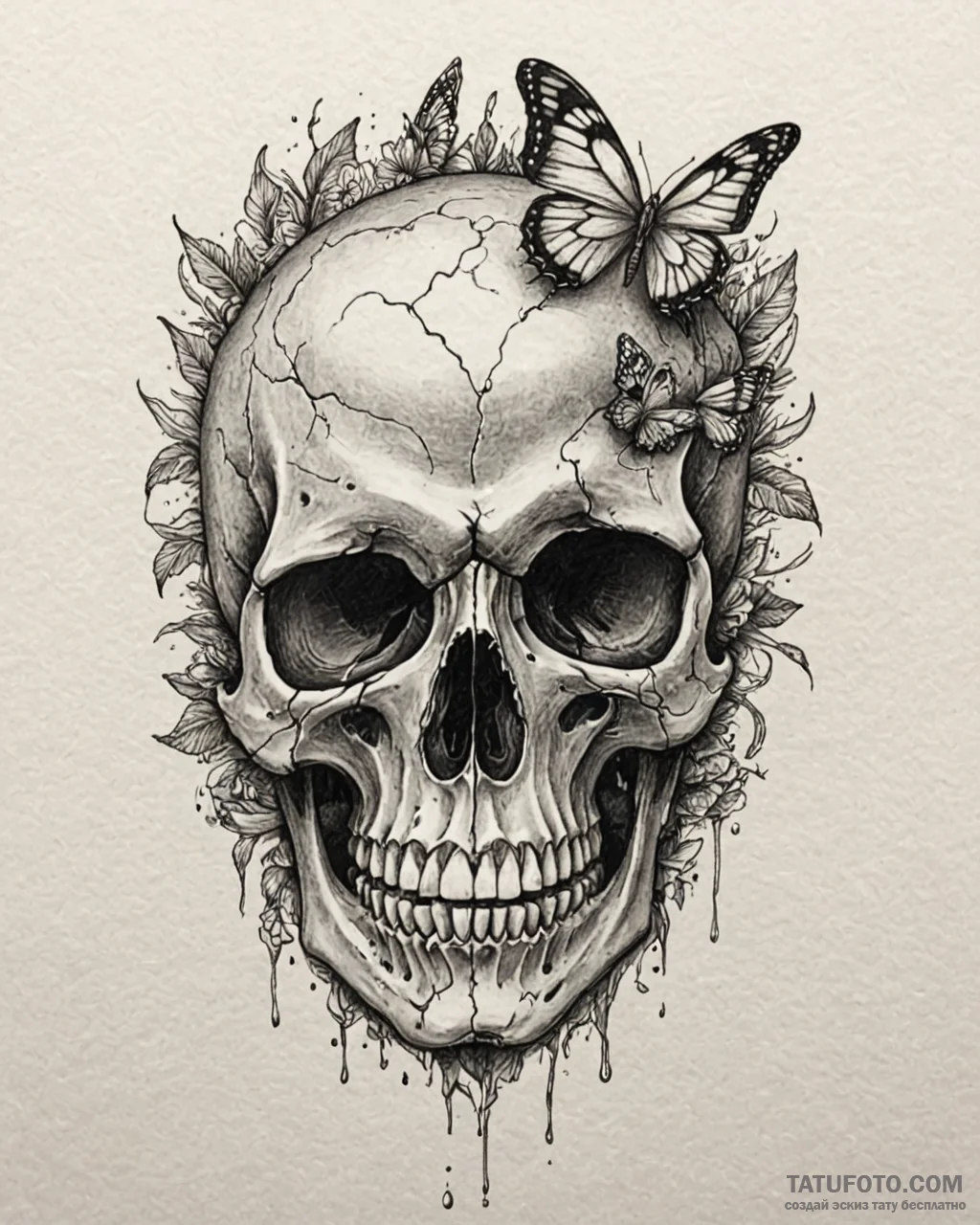 Tattoo sketch, skull with butterfly emerging... - эскиз тату (№1753184329_0, 22.07.2025 11:38) — Tatufoto.com