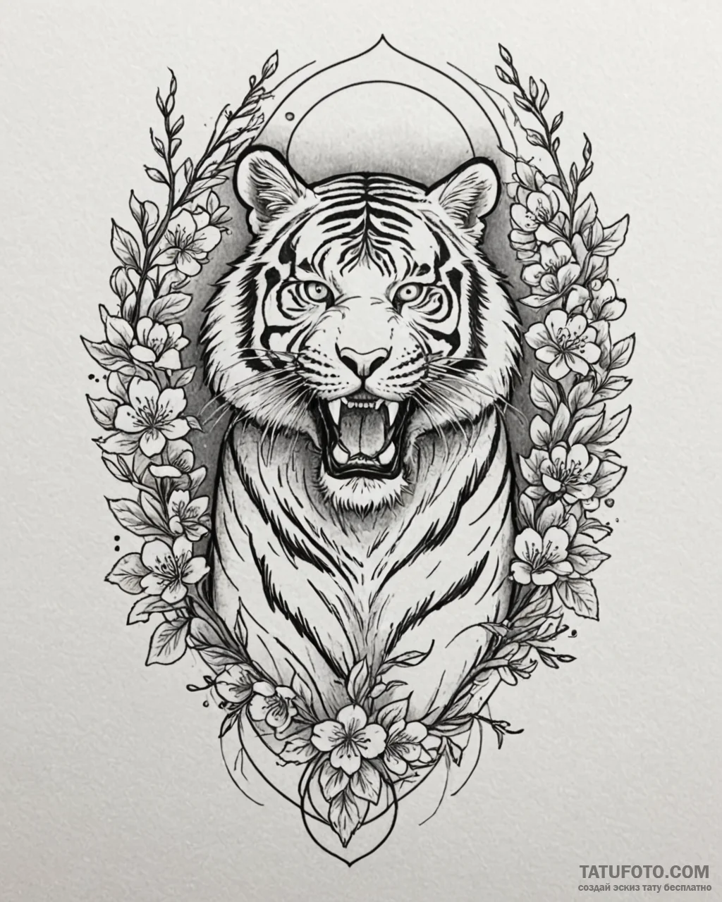 Tattoo sketch, tiger adorned with cherry blos... - эскиз тату (№1753185095_0, 22.07.2025 11:51) — Tatufoto.com