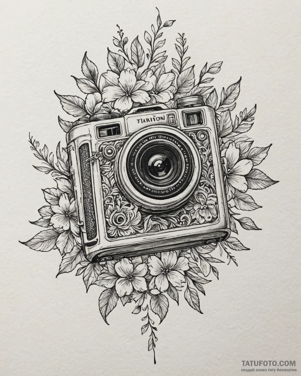 Tat tattoo sketch, vintage camera with floral... - эскиз тату (№1753185949_0, 22.07.2025 12:05) — Tatufoto.com