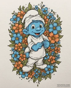 Tattoo sketch, clumsy smurf hiding behind flo... - эскиз тату (№1753186378_0, 22.07.2025 12:12) — Tatufoto.com