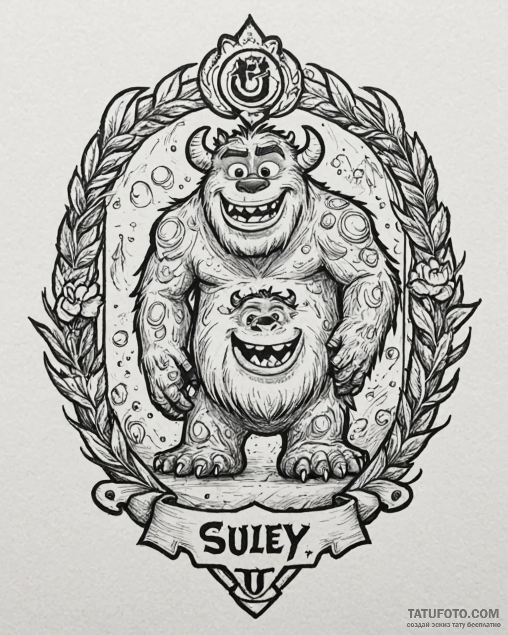 Tattoo sketch, sulley surrounded by monsters… — эскиз тату (№1753186464_0, 22.07.2025 12:14) — Tatufoto.com
