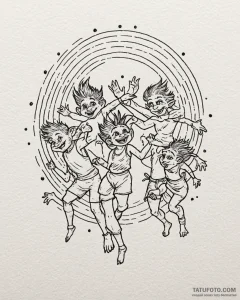 Tat tattoo sketch, trolls dancing under rainb... - эскиз тату (№1753186548_0, 22.07.2025 12:15) — Tatufoto.com