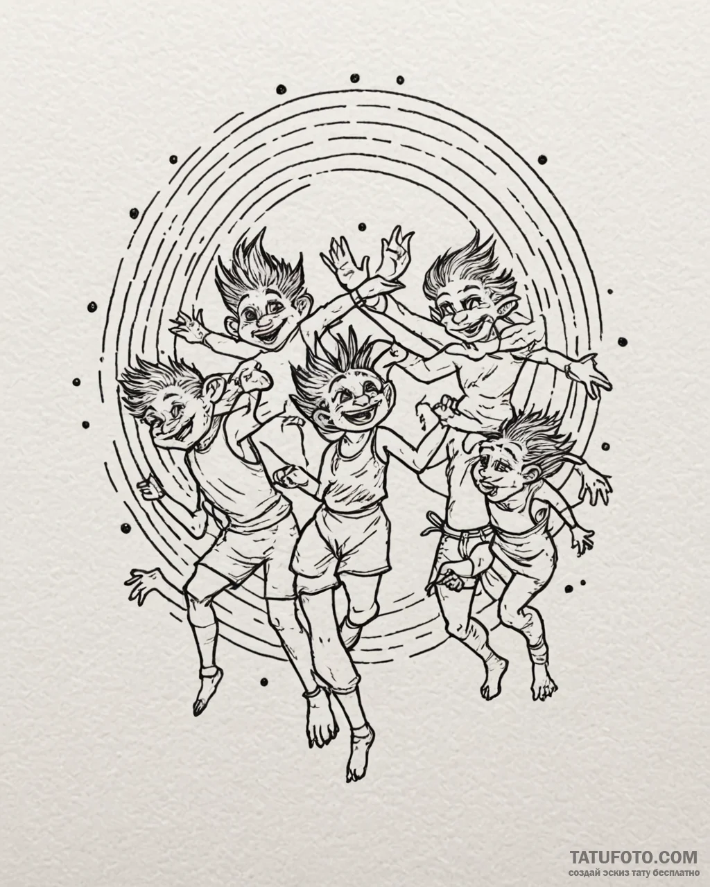 Tat tattoo sketch, trolls dancing under rainb… — эскиз тату (№1753186548_0, 22.07.2025 12:15) — Tatufoto.com