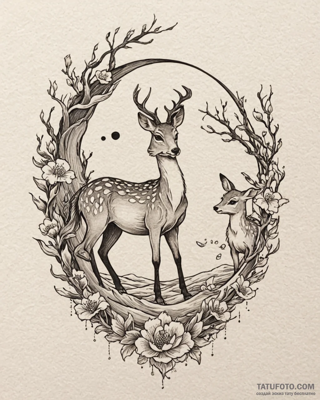Tattoo sketch, bambi with mother deer under m… — эскиз тату (№1753187745_0, 22.07.2025 12:35) — Tatufoto.com