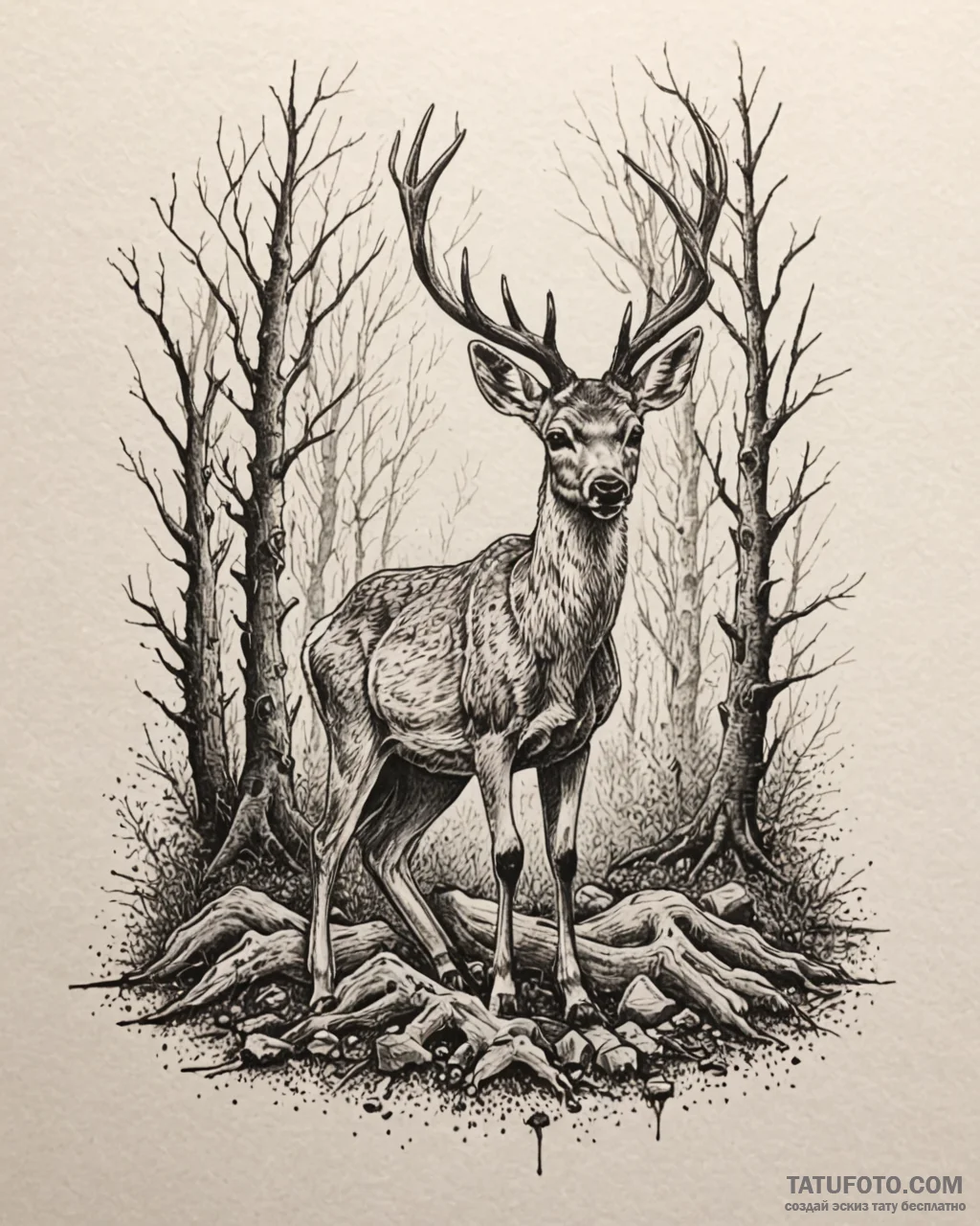 Tattoo sketch, bambi resting by tree roots, p... - эскиз тату (№1753188597_0, 22.07.2025 12:49) — Tatufoto.com