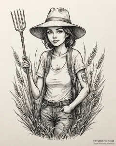 Tat tattoo sketch, farmer’s sunhat and pitchf... - эскиз тату (№1753188766_0, 22.07.2025 12:52) — Tatufoto.com