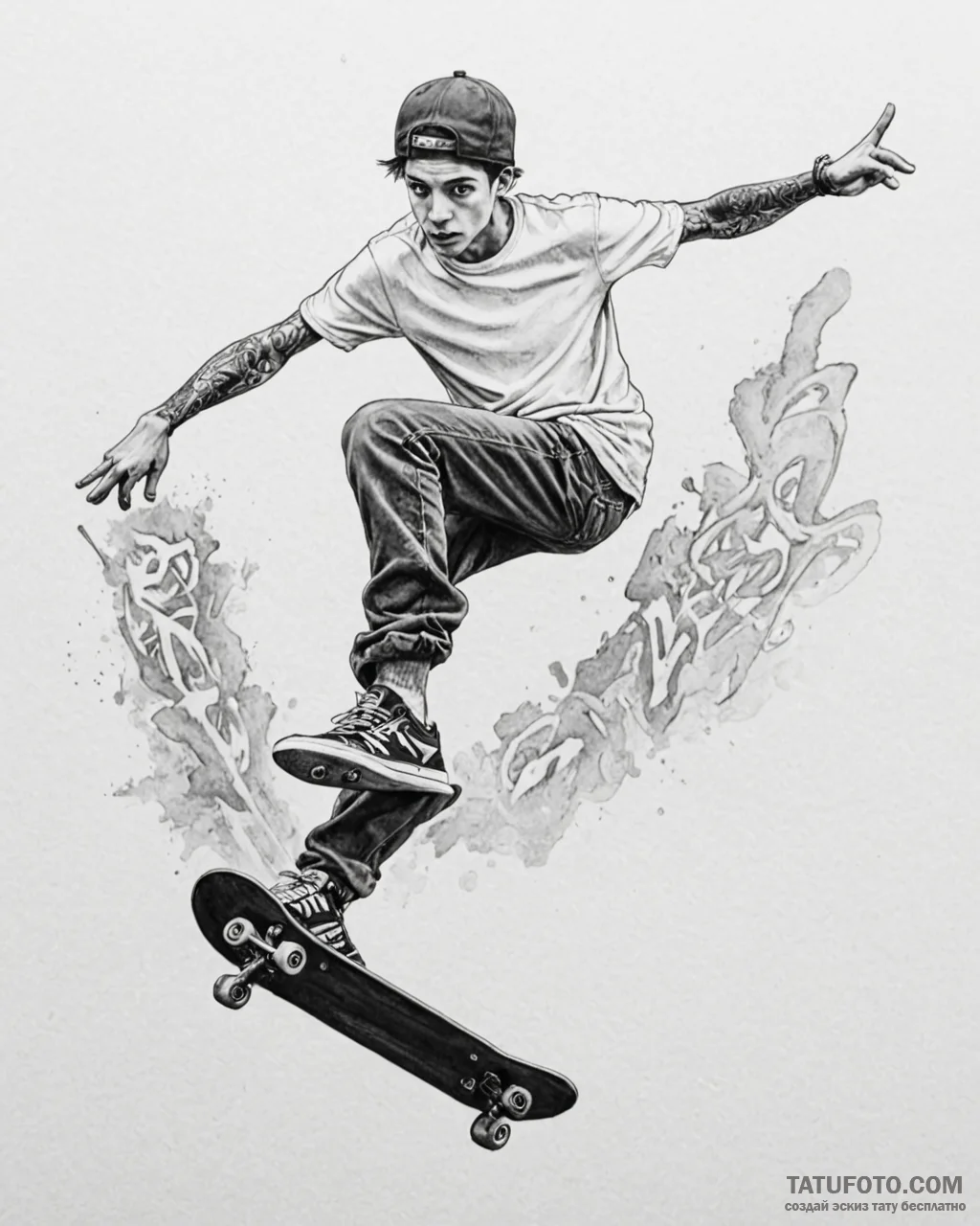 Tat tattoo sketch, skateboarder mid-air again... - эскиз тату (№1753188945_0, 22.07.2025 12:55) — Tatufoto.com