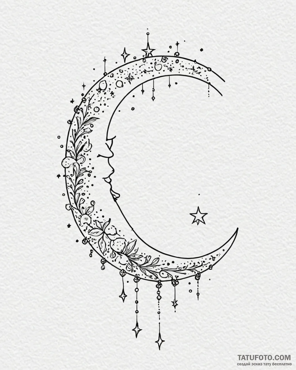 Tattoo sketch, small crescent moon surrounded… — эскиз тату (№1753189113_0, 22.07.2025 12:58) — Tatufoto.com