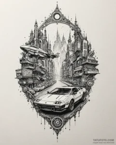 Tattoo sketch, cyberpunk cityscape with glowi... - эскиз тату (№1753190562_0, 22.07.2025 13:22) — Tatufoto.com