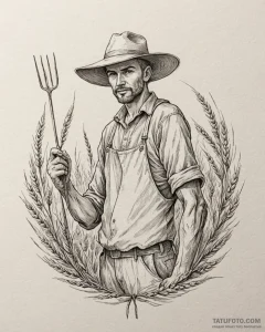 Tat tattoo sketch, farmer’s sunhat and pitchf... - эскиз тату (№1753190647_0, 22.07.2025 13:24) — Tatufoto.com