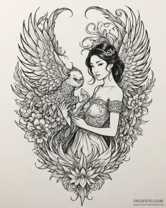 Tattoo sketch, mulan with phoenix wings, symb... - эскиз тату (№1753191154_0, 22.07.2025 13:32) — Tatufoto.com