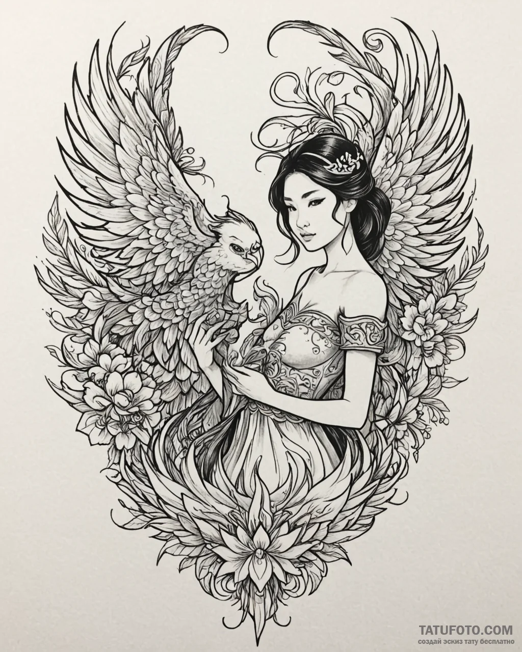 Tattoo sketch, mulan with phoenix wings, symb... - эскиз тату (№1753191154_0, 22.07.2025 13:32) — Tatufoto.com