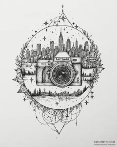 Tat tattoo sketch, camera lens reflecting cit... - эскиз тату (№1753191747_0, 22.07.2025 13:42) — Tatufoto.com