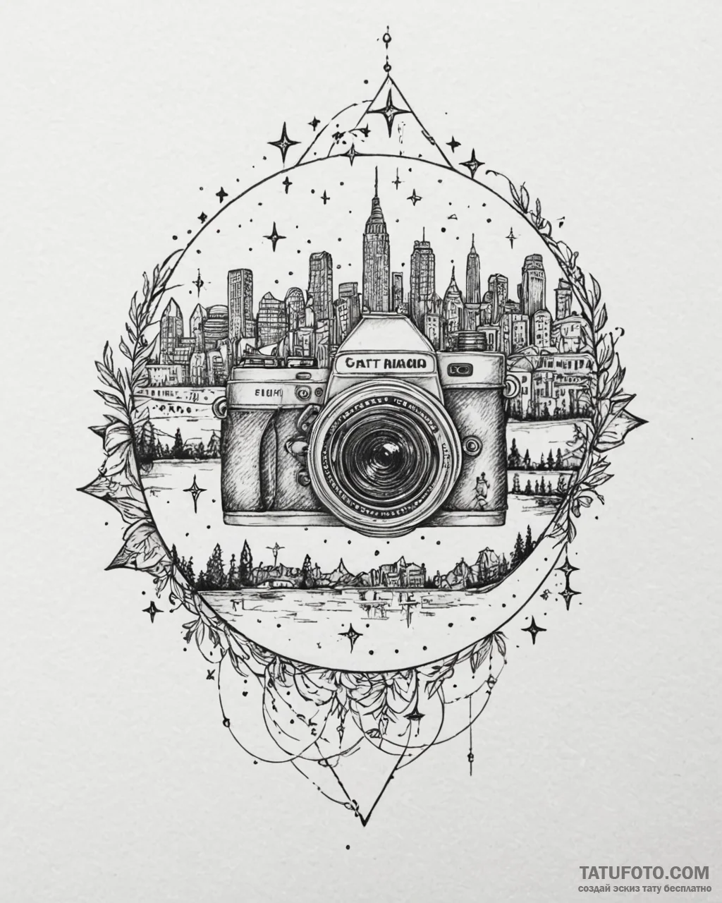 Tat tattoo sketch, camera lens reflecting cit... - эскиз тату (№1753191747_0, 22.07.2025 13:42) — Tatufoto.com