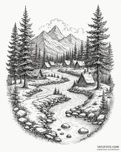 Tattoo sketch, smurf village landscape with r... - эскиз тату (№1753192513_0, 22.07.2025 13:55) — Tatufoto.com