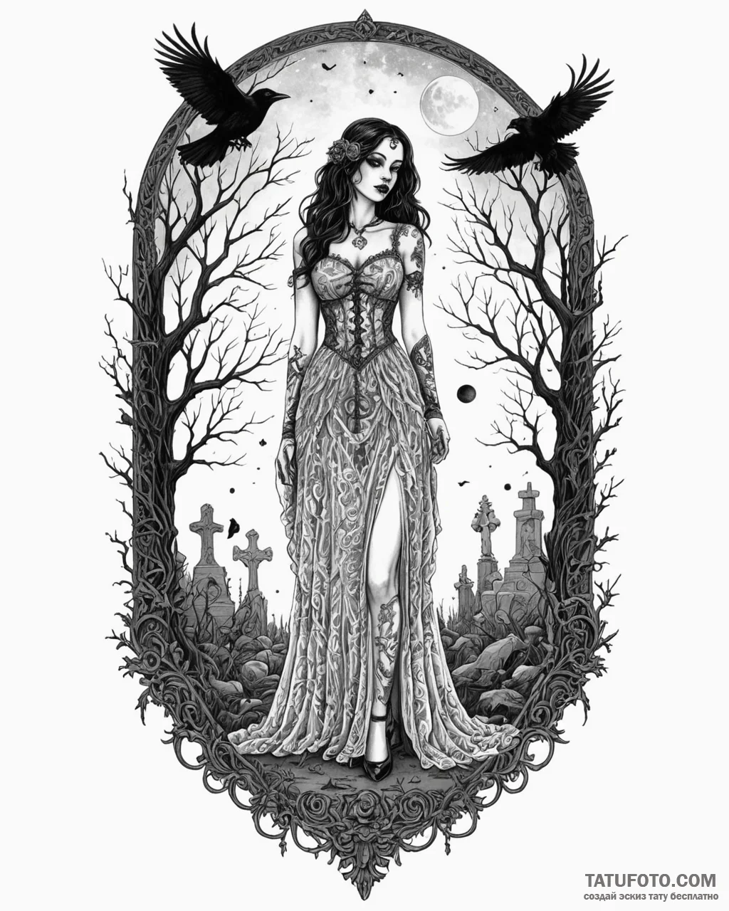 Tat tattoo sketch, goth figure standing in mo… — эскиз тату (№1753192852_0, 22.07.2025 14:00) — Tatufoto.com