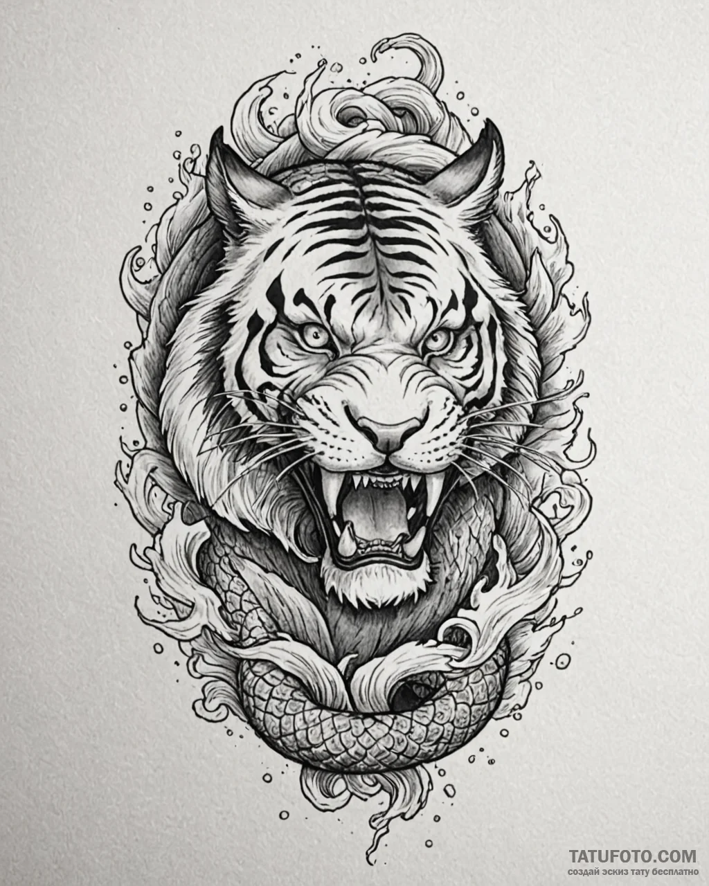 Tattoo sketch, snarling tiger with open jaws... - эскиз тату (№1753193107_0, 22.07.2025 14:05) — Tatufoto.com