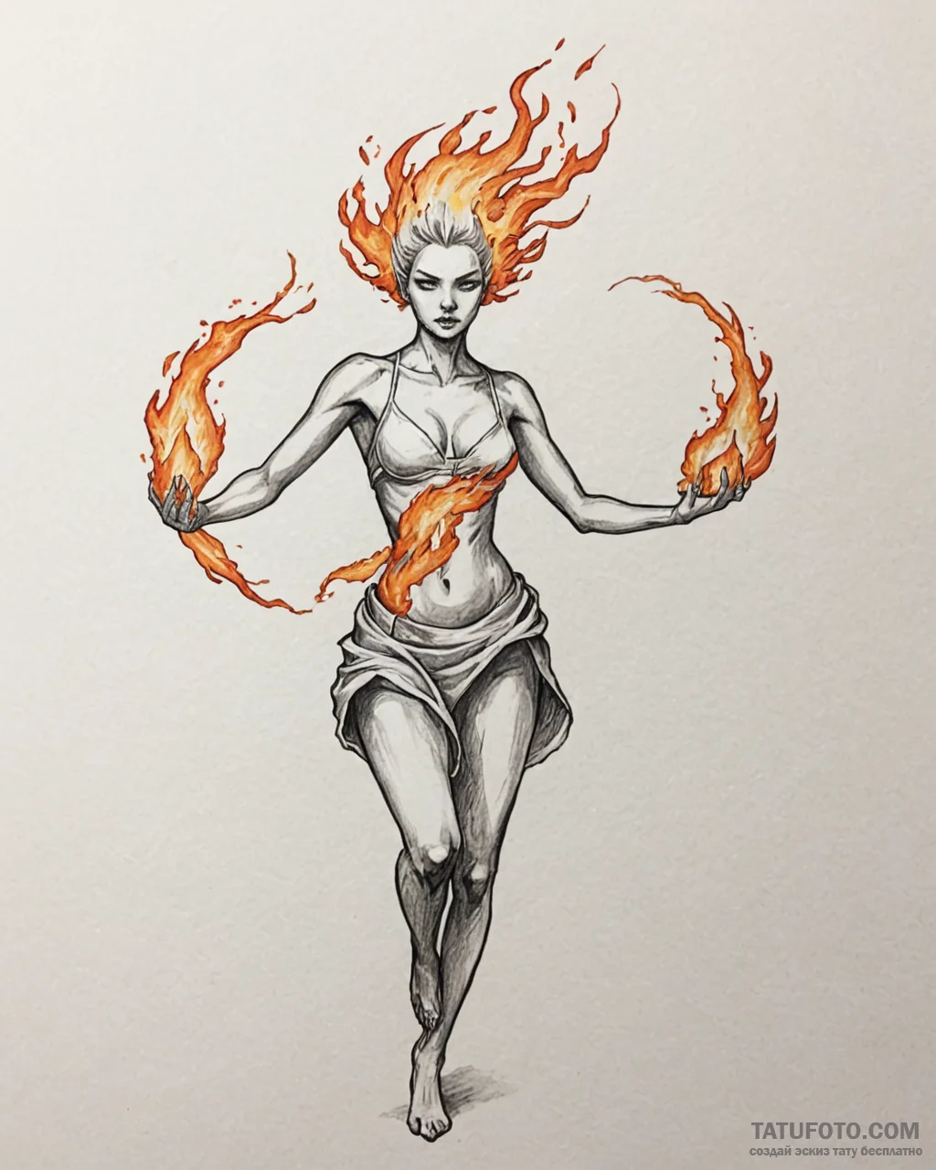 Tat tattoo sketch, fiery elemental spirit twi... - эскиз тату (№1753193955_0, 22.07.2025 14:19) — Tatufoto.com