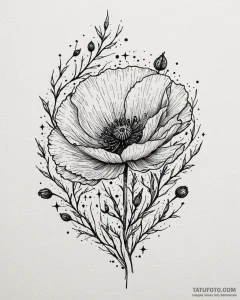 Tat tattoo sketch, branch and poppy surrounde... - эскиз тату (№1753195227_0, 22.07.2025 14:40) — Tatufoto.com