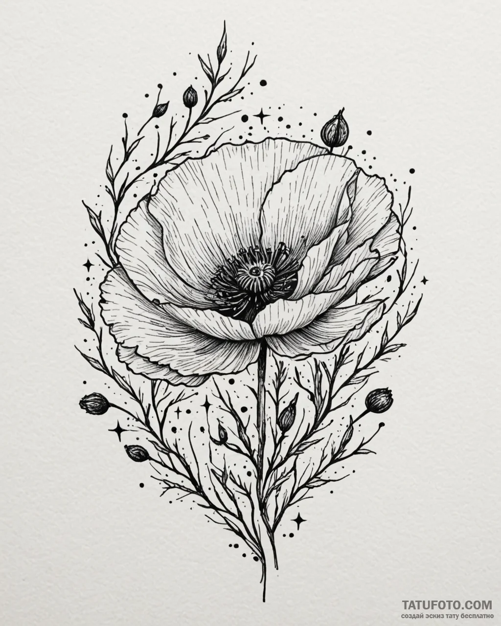 Tat tattoo sketch, branch and poppy surrounde... - эскиз тату (№1753195227_0, 22.07.2025 14:40) — Tatufoto.com
