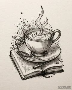 Tat tattoo sketch, café table with steaming c... - эскиз тату (№1753195738_0, 22.07.2025 14:48) — Tatufoto.com