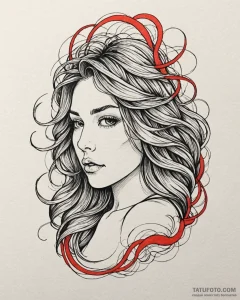 Tattoo sketch, katie with flowing hair and di... - эскиз тату (№1753196500_0, 22.07.2025 15:01) — Tatufoto.com
