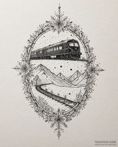 Tattoo sketch, snowflakes falling with train... - эскиз тату (№1753196669_0, 22.07.2025 15:04) — Tatufoto.com