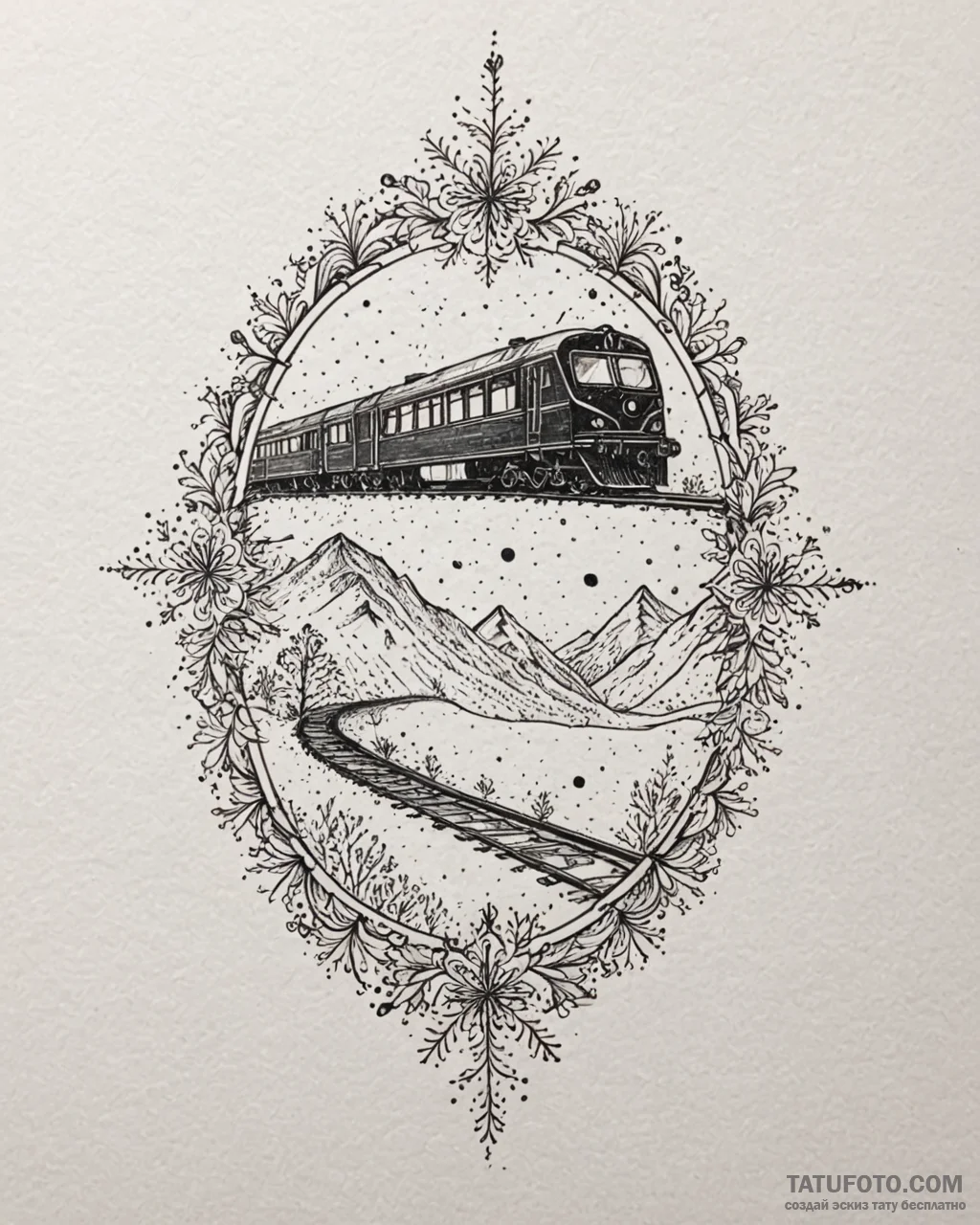 Tattoo sketch, snowflakes falling with train... - эскиз тату (№1753196669_0, 22.07.2025 15:04) — Tatufoto.com